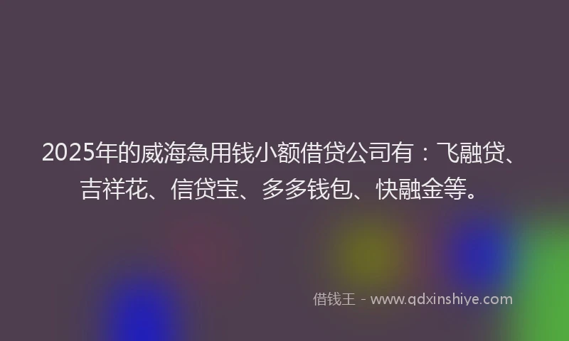 2025年的威海急用钱小额借贷公司有：飞融贷、吉祥花、信贷宝、多多钱包、快融金等。