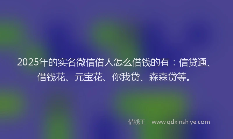 2025年的实名微信借人怎么借钱的有：信贷通、借钱花、元宝花、你我贷、森森贷等。