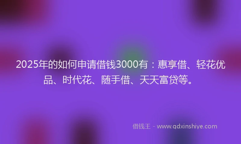 2025年的如何申请借钱3000有：惠享借、轻花优品、时代花、随手借、天天富贷等。