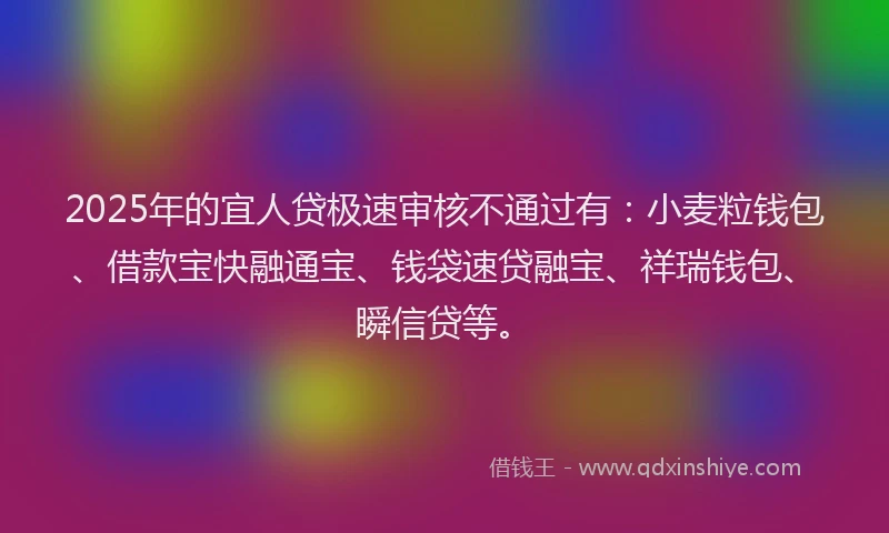 2025年的宜人贷极速审核不通过有：小麦粒钱包、借款宝快融通宝、钱袋速贷融宝、祥瑞钱包、瞬信贷等。