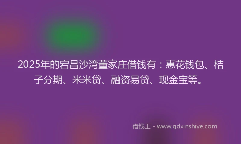 2025年的宕昌沙湾董家庄借钱有：惠花钱包、桔子分期、米米贷、融资易贷、现金宝等。