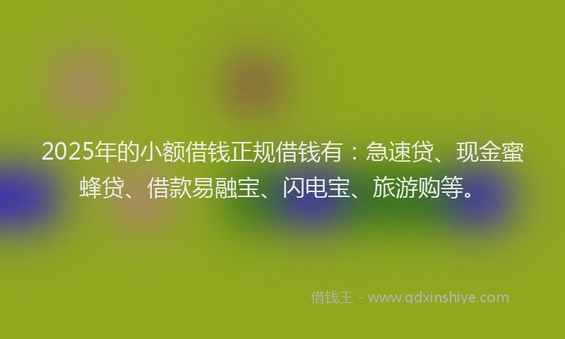 2025年的小额借钱正规借钱有:急速贷、现金蜜蜂贷、借款易融宝、闪电宝、旅游购等。