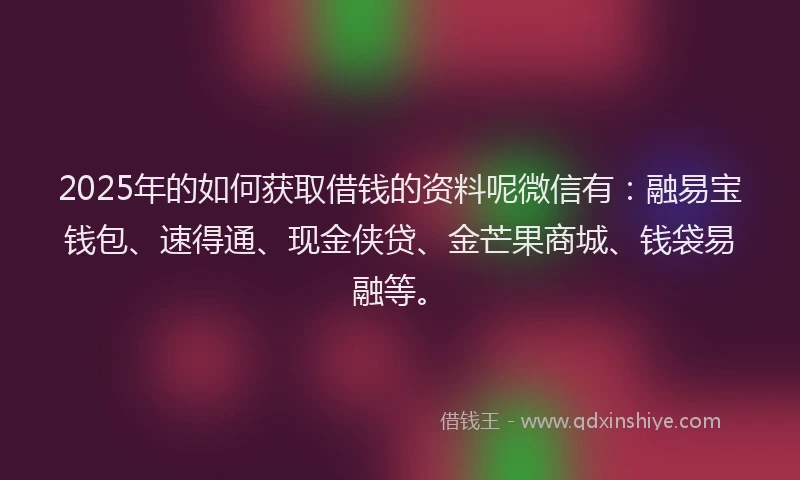 2025年的如何获取借钱的资料呢微信有：融易宝钱包、速得通、现金侠贷、金芒果商城、钱袋易融等。