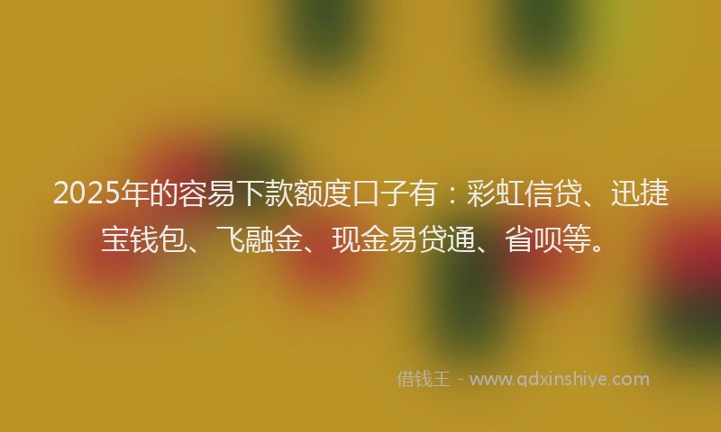 2025年的容易下款额度口子有：彩虹信贷、迅捷宝钱包、飞融金、现金易贷通、省呗等。