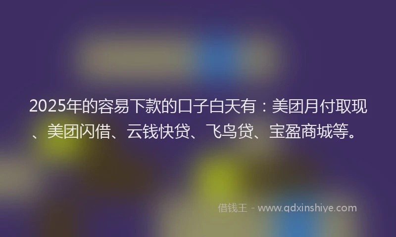 2025年的容易下款的口子白天有：美团月付取现、美团闪借、云钱快贷、飞鸟贷、宝盈商城等。