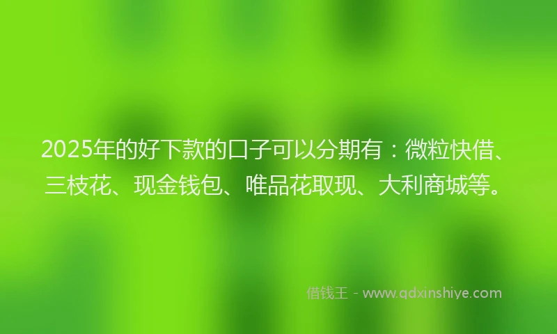 2025年的好下款的口子可以分期有：微粒快借、三枝花、现金钱包、唯品花取现、大利商城等。