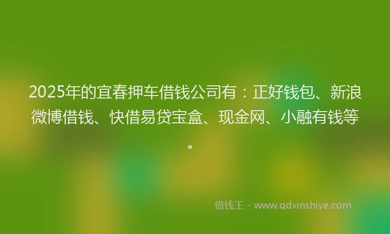 2025年的宜春押车借钱公司有:正好钱包、新浪微博借钱、快借易贷宝盒、现金网、小融有钱等。