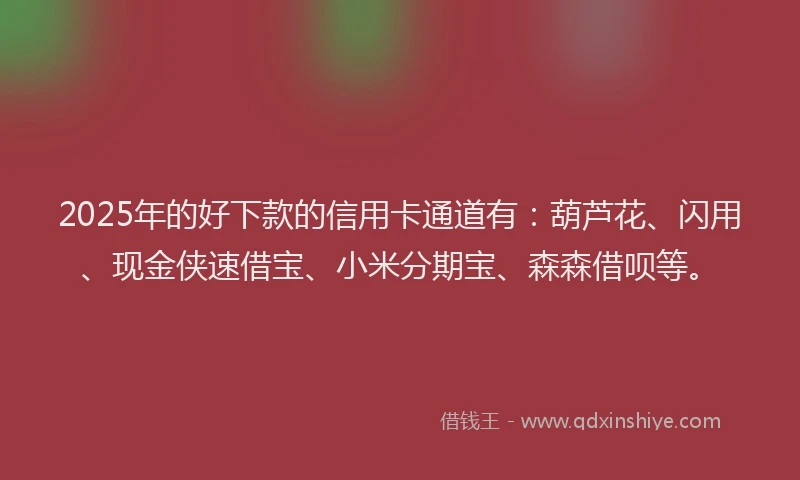 2025年的好下款的信用卡通道有：葫芦花、闪用、现金侠速借宝、小米分期宝、森森借呗等。