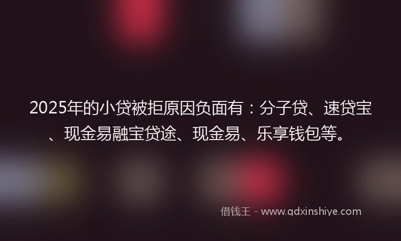 2025年的小贷被拒原因负面有：分子贷、速贷宝、现金易融宝贷途、现金易、乐享钱包等。