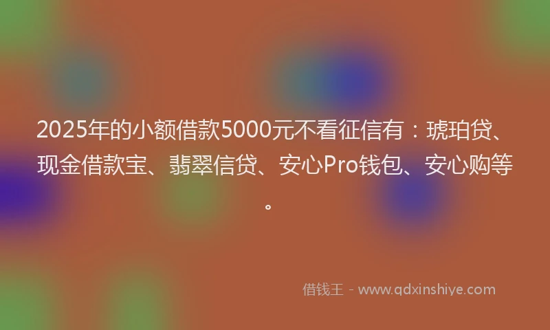 2025年的小额借款5000元不看征信有：琥珀贷、现金借款宝、翡翠信贷、安心Pro钱包、安心购等。