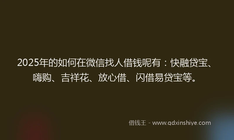 2025年的如何在微信找人借钱呢有：快融贷宝、嗨购、吉祥花、放心借、闪借易贷宝等。