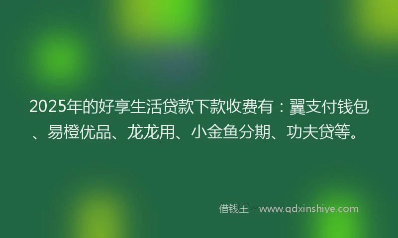 2025年的好享生活贷款下款收费有：翼支付钱包、易橙优品、龙龙用、小金鱼分期、功夫贷等。