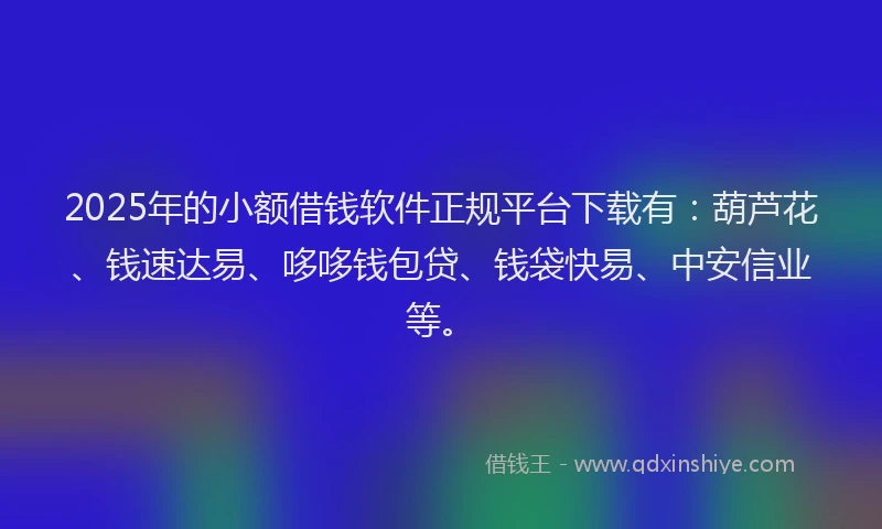 2025年的小额借钱软件正规平台下载有：葫芦花、钱速达易、哆哆钱包贷、钱袋快易、中安信业等。