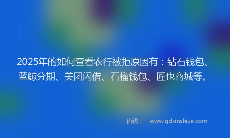 2025年的如何查看农行被拒原因有：钻石钱包、蓝鲸分期、美团闪借、石榴钱包、匠也商城等。