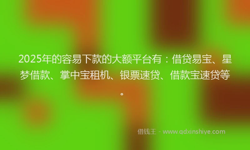2025年的容易下款的大额平台有：借贷易宝、星梦借款、掌中宝租机、银票速贷、借款宝速贷等。