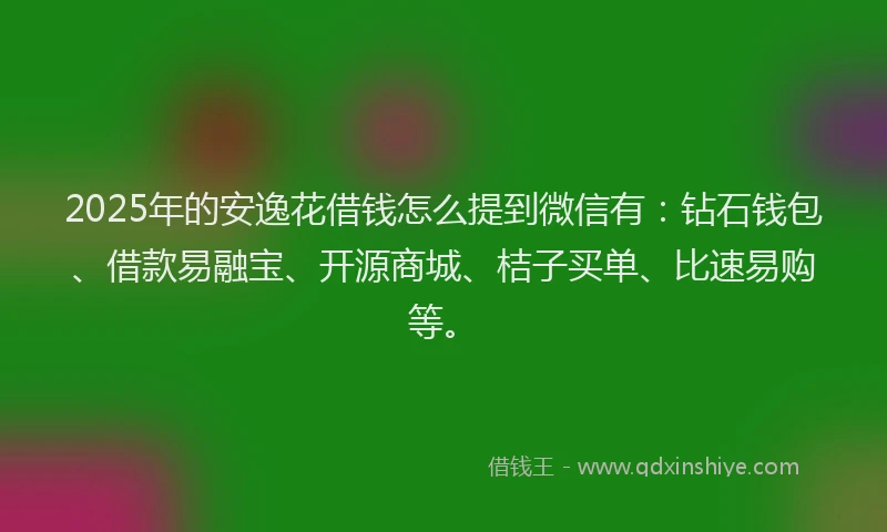 2025年的安逸花借钱怎么提到微信有：钻石钱包、借款易融宝、开源商城、桔子买单、比速易购等。