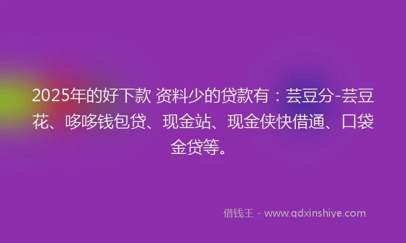 2025年的好下款 资料少的贷款有：芸豆分-芸豆花、哆哆钱包贷、现金站、现金侠快借通、口袋金贷等。