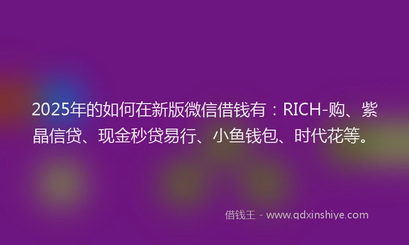 2025年的如何在新版微信借钱有：RICH-购、紫晶信贷、现金秒贷易行、小鱼钱包、时代花等。