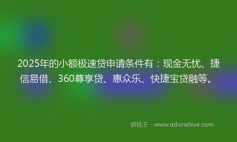 2025年的小额极速贷申请条件有：现金无忧、捷信易借、360尊享贷、惠众乐、快捷宝贷融等。