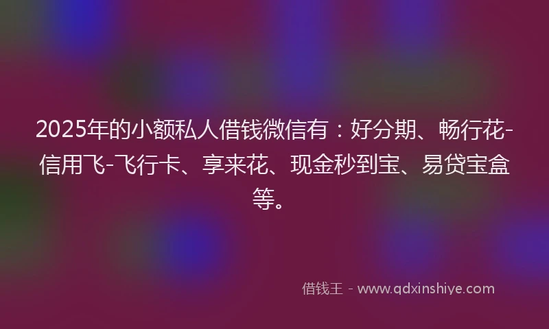 2025年的小额私人借钱微信有：好分期、畅行花-信用飞-飞行卡、享来花、现金秒到宝、易贷宝盒等。