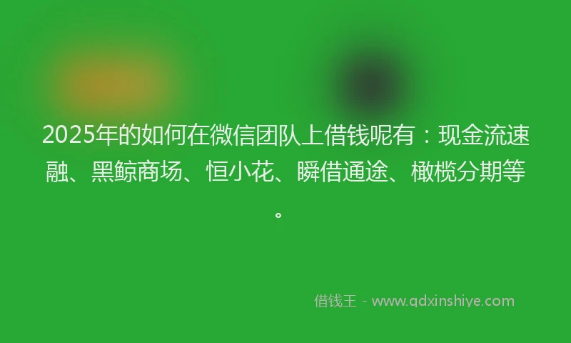 2025年的如何在微信团队上借钱呢有：现金流速融、黑鲸商场、恒小花、瞬借通途、橄榄分期等。