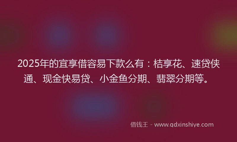 2025年的宜享借容易下款么有：桔享花、速贷侠通、现金快易贷、小金鱼分期、翡翠分期等。