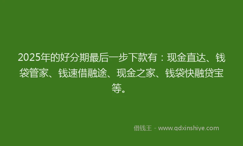 2025年的好分期最后一步下款有：现金直达、钱袋管家、钱速借融途、现金之家、钱袋快融贷宝等。