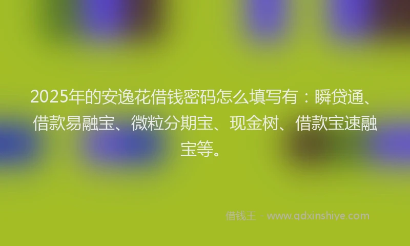 2025年的安逸花借钱密码怎么填写有：瞬贷通、借款易融宝、微粒分期宝、现金树、借款宝速融宝等。