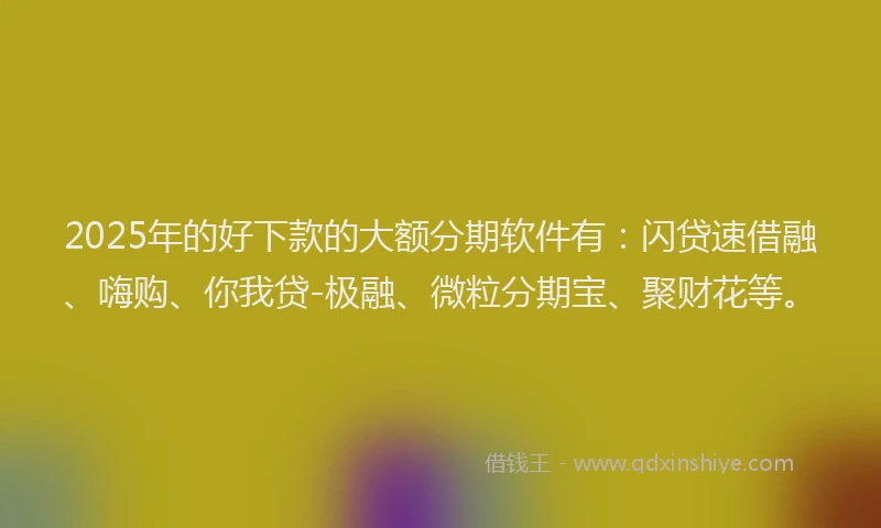 2025年的好下款的大额分期软件有：闪贷速借融、嗨购、你我贷-极融、微粒分期宝、聚财花等。
