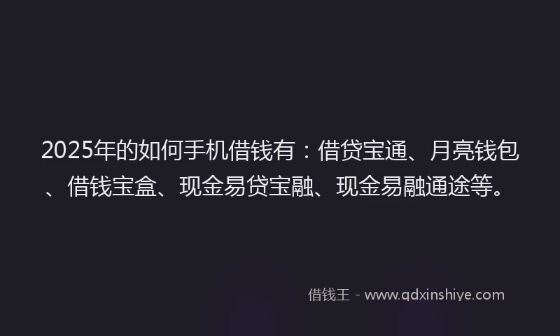 2025年的如何手机借钱有：借贷宝通、月亮钱包、借钱宝盒、现金易贷宝融、现金易融通途等。