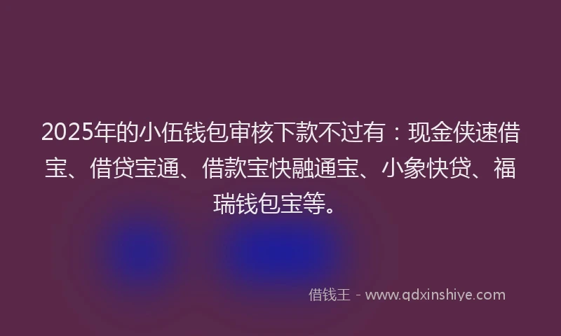 2025年的小伍钱包审核下款不过有：现金侠速借宝、借贷宝通、借款宝快融通宝、小象快贷、福瑞钱包宝等。