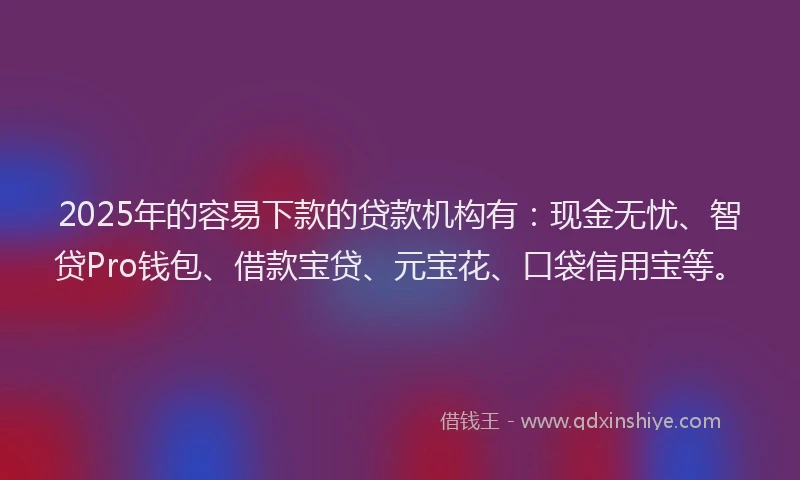 2025年的容易下款的贷款机构有：现金无忧、智贷Pro钱包、借款宝贷、元宝花、口袋信用宝等。