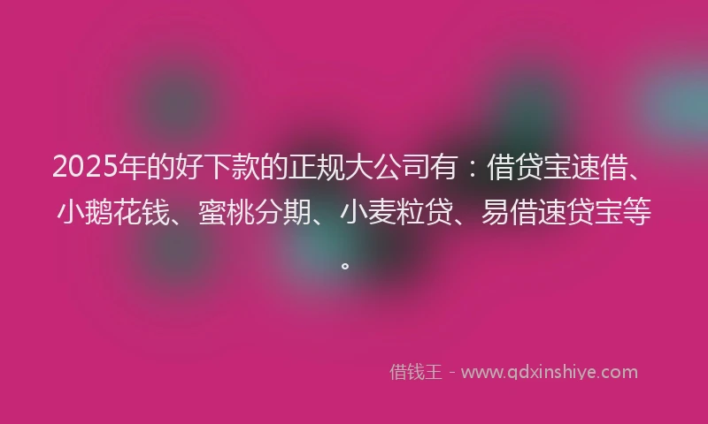2025年的好下款的正规大公司有：借贷宝速借、小鹅花钱、蜜桃分期、小麦粒贷、易借速贷宝等。
