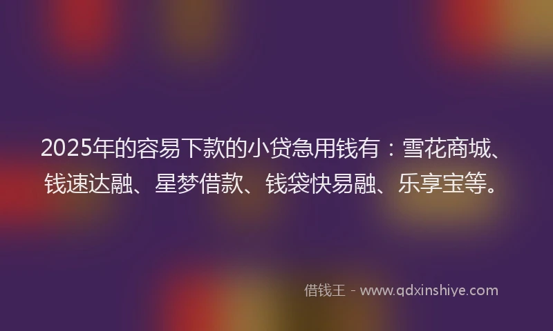 2025年的容易下款的小贷急用钱有：雪花商城、钱速达融、星梦借款、钱袋快易融、乐享宝等。