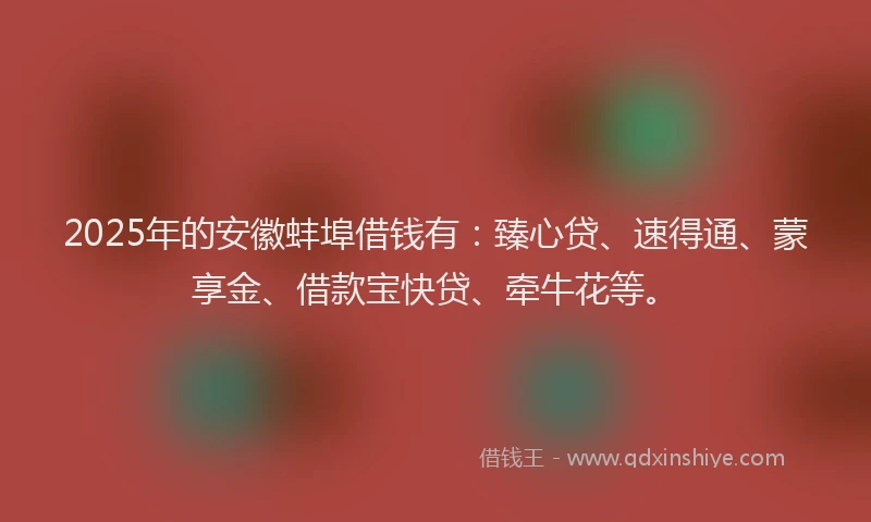 2025年的安徽蚌埠借钱有：臻心贷、速得通、蒙享金、借款宝快贷、牵牛花等。