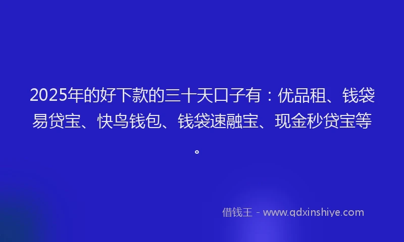 2025年的好下款的三十天口子有：优品租、钱袋易贷宝、快鸟钱包、钱袋速融宝、现金秒贷宝等。