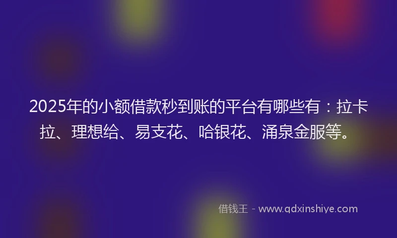 2025年的小额借款秒到账的平台有哪些有：拉卡拉、理想给、易支花、哈银花、涌泉金服等。