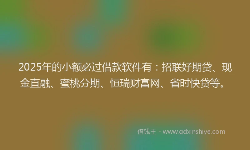 2025年的小额必过借款软件有：招联好期贷、现金直融、蜜桃分期、恒瑞财富网、省时快贷等。