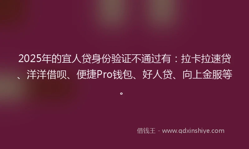 2025年的宜人贷身份验证不通过有：拉卡拉速贷、洋洋借呗、便捷Pro钱包、好人贷、向上金服等。