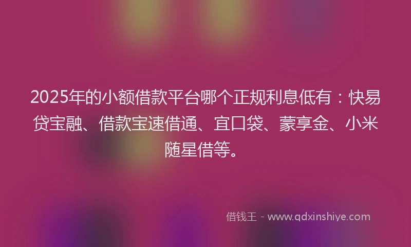 2025年的小额借款平台哪个正规利息低有：快易贷宝融、借款宝速借通、宜口袋、蒙享金、小米随星借等。