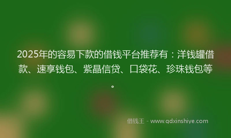 2025年的容易下款的借钱平台推荐有：洋钱罐借款、速享钱包、紫晶信贷、口袋花、珍珠钱包等。