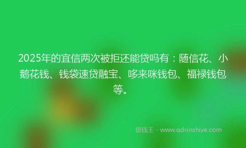 2025年的宜信两次被拒还能贷吗有：随信花、小鹅花钱、钱袋速贷融宝、哆来咪钱包、福禄钱包等。