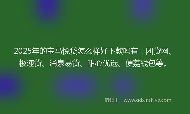 2025年的宝马悦贷怎么样好下款吗有：团贷网、极速贷、涌泉易贷、甜心优选、便荔钱包等。