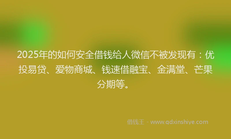 2025年的如何安全借钱给人微信不被发现有：优投易贷、爱物商城、钱速借融宝、金满堂、芒果分期等。