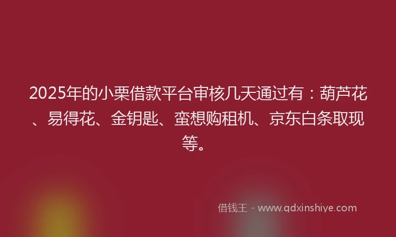 2025年的小栗借款平台审核几天通过有：葫芦花、易得花、金钥匙、蛮想购租机、京东白条取现等。