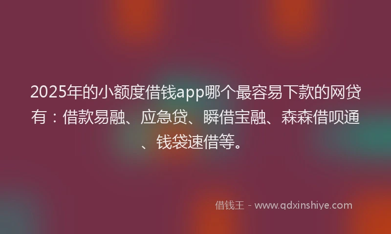 2025年的小额度借钱app哪个最容易下款的网贷有：借款易融、应急贷、瞬借宝融、森森借呗通、钱袋速借等。