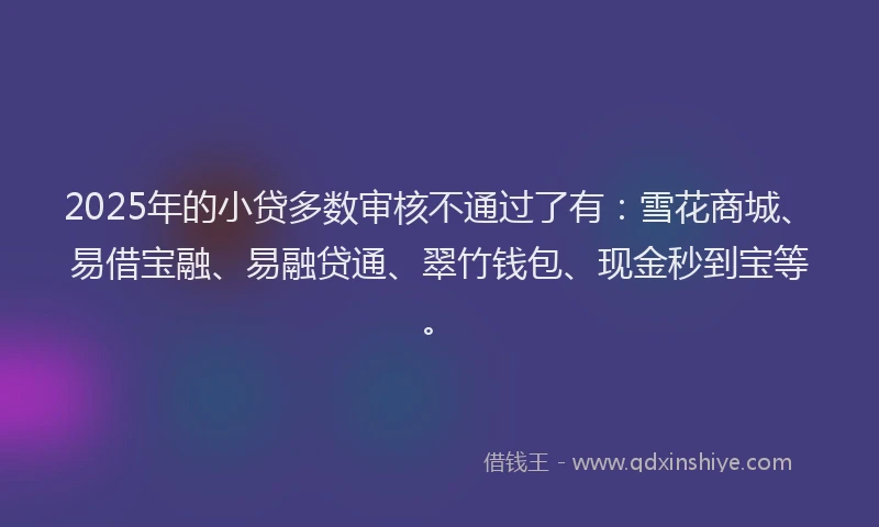 2025年的小贷多数审核不通过了有：雪花商城、易借宝融、易融贷通、翠竹钱包、现金秒到宝等。