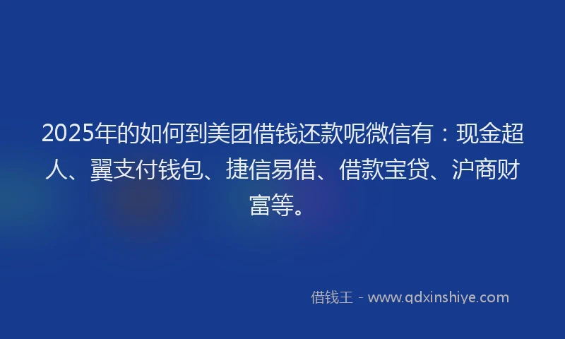 2025年的如何到美团借钱还款呢微信有：现金超人、翼支付钱包、捷信易借、借款宝贷、沪商财富等。