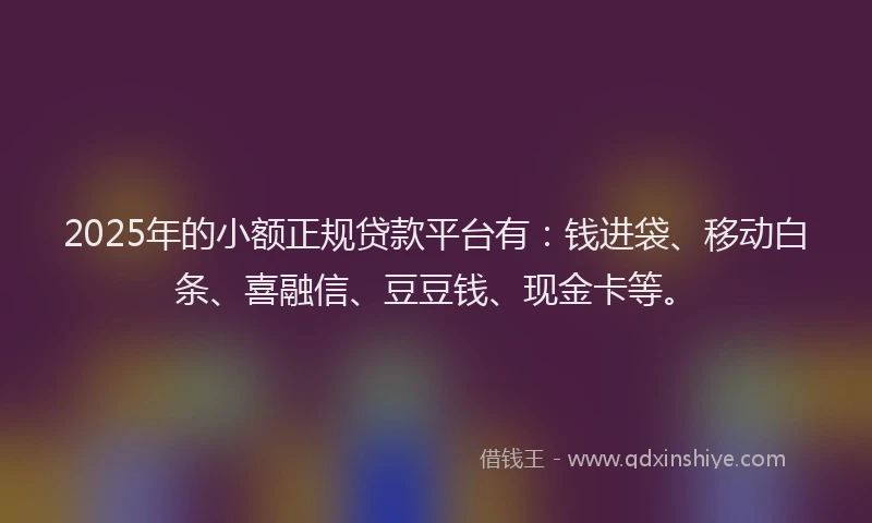 2025年的小额正规贷款平台有：钱进袋、移动白条、喜融信、豆豆钱、现金卡等。