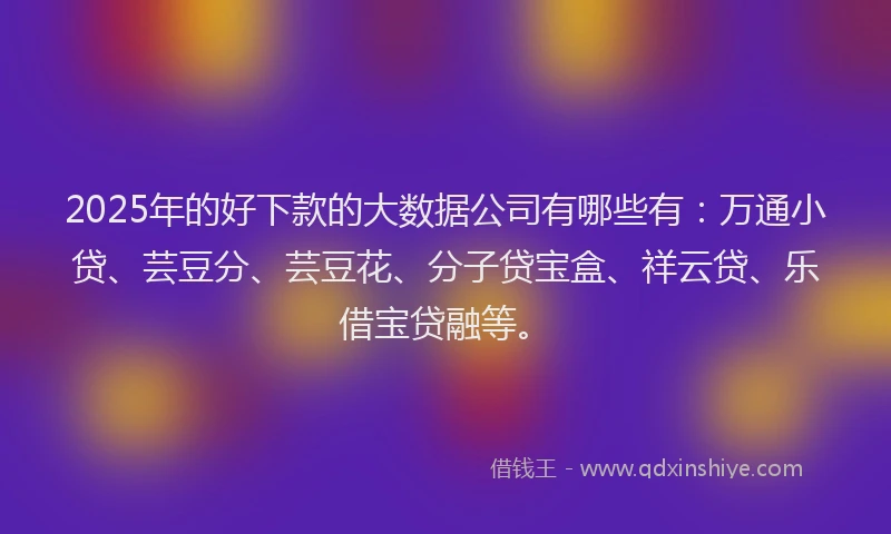 2025年的好下款的大数据公司有哪些有：万通小贷、芸豆分、芸豆花、分子贷宝盒、祥云贷、乐借宝贷融等。